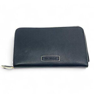 Vera Bradley Zip Around Accordion Style Leather Wallet Black w/Bl & Wh Leather
